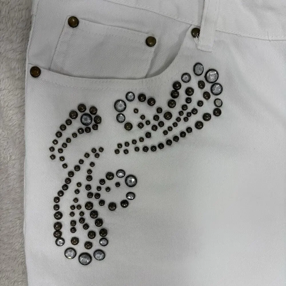 KENAR White Rhinestone Studded Flare Jeans Y2K Bling Cowgirl Size 14
